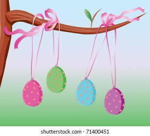 Easter eggs in pastel colors hanging on a tree branch, tied with pink ribbon bows. Vector illustration