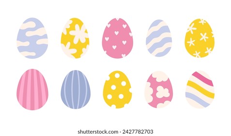 Huevos de Pascua en colores pastel. Ilustración vectorial plana aislada sobre fondo blanco.