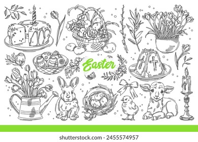 Easter eggs and pastries near flowers or animals symbolizing religious holiday. Traditional beautiful easter set for christian day, anniversary of resurrection of jesus. Hand drawn doodle