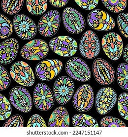 Easter eggs pattern. Color egg background. Easter symbol. Fabric Easter texture. Egg hunt vector illustration. Happy Easter day backdrop. Painted eggs print.