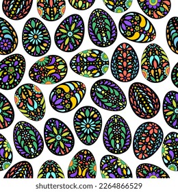 Easter eggs pattern. Color egg background. Easter symbol. Fabric Easter texture. Egg hunt vector illustration. Happy Easter day backdrop. Painted eggs print.