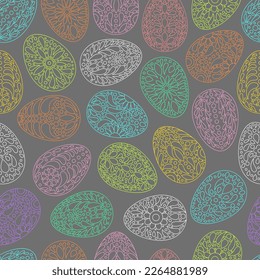 Easter eggs pattern. Color egg background. Easter symbol. Fabric Easter texture. Egg hunt vector illustration. Happy Easter day backdrop. Painted eggs print.