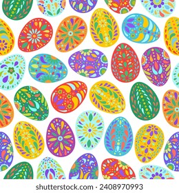 Easter eggs pattern. Color egg background. Easter symbol. Fabric Easter texture. Egg hunt vector illustration. Happy Easter day backdrop. Painted eggs print.