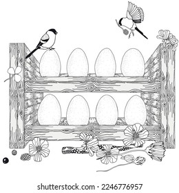 Easter eggs. Pattern for coloring book. Hand-drawn decorative elements in vector. Black and white pattern.  Zentangle