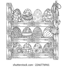 Easter eggs. Pattern for coloring book. Hand-drawn decorative elements in vector. Black and white pattern.  Zentangle