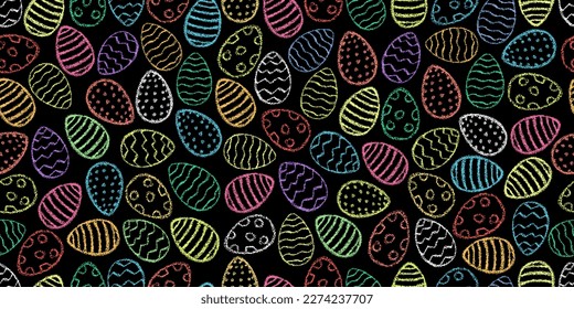 Easter eggs pattern. Crayon style Easter print. Chalk eggs. Children drawing eggs hand drawn wax crayons art on white. Color pastel crayons freehand drawn egg background. Fabric Easter texture. 