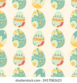 Easter eggs pattern. Happy Easter background with light blue egg. Flat colorful seamless design. Stock vector Easter wallpaper illustration.