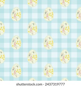 Patrón de los huevos de Pascua con el conejo feliz de Pascua y las flores en el patrón de color azul de Gingham, patrón sin costuras de Pascua para la tela, papel tapiz de Pascua Boho, patrón de repetición de vectores