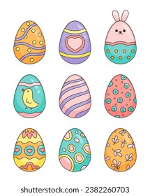 Patrón de huevos de Pascua. Flores adornadas, corazones, orejas de conejito, pollo. Dibujo de vectores. Colección de elementos de diseño.