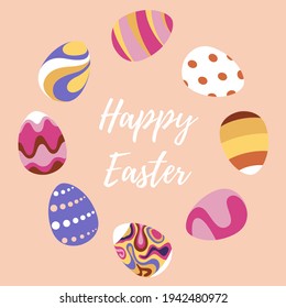 Easter eggs with a pattern set isolated on background. Template for a postcard, banner, invitation, poster. Vector illustration in a flat style.