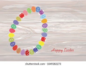 Easter eggs with a pattern in the shape of an oval. Greeting card for the holiday. Free space for text. Vector on wooden background.