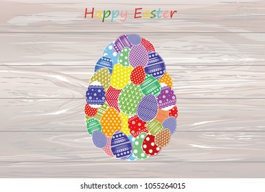 Easter eggs with a pattern in the shape of an oval. Greeting card for the holiday. Free space for text. Vector on wooden background.