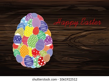 Easter eggs with a pattern in the shape of an oval. Greeting card for the holiday. Free space for text. Vector on wooden background.