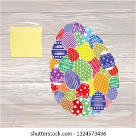 Easter eggs with a pattern in the shape of an oval.  Empty Yellow sheet of paper for notes. Sticker. Greeting card for the holiday. Free space for text. Vector on wooden background