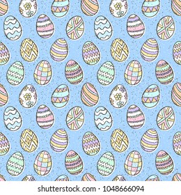 Easter eggs pattern. Spring holiday symbols. Egg sketch. Holiday decoration. Kids drawing. Easter ornament. Vector background. 