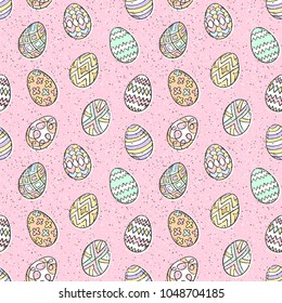 Easter eggs pattern. Spring holiday symbols. Egg sketch. Holiday decoration. Kids drawing. Easter ornament. Vector background. 