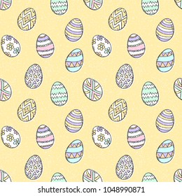 Easter eggs pattern. Spring holiday symbols. Egg sketch. Holiday decoration. Kids drawing. Easter ornament. Vector background. 
