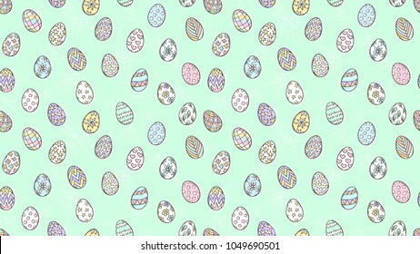 Easter eggs pattern. Spring holiday symbols. Egg sketch. Holiday decoration. Kids drawing. Easter ornament. Retro style. Vector background. 