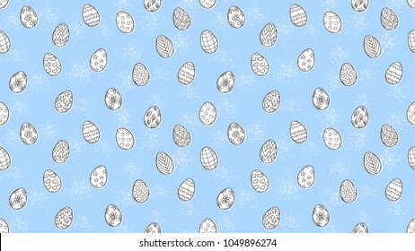 Easter eggs pattern. Spring holiday symbols. Egg sketch. Holiday decoration. Kids drawing. Easter ornament. Retro style. Vector background. 
