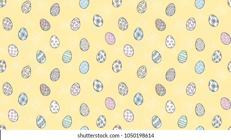 Easter eggs pattern. Spring holiday symbols. Egg sketch. Holiday decoration. Kids drawing. Easter ornament. Retro style. Vector background. 