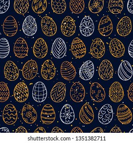 Easter eggs pattern. Spring holiday symbols. Egg sketch. Holiday decoration. Kids drawing. Easter ornament. Vector background. 