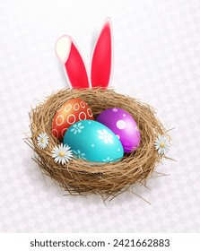 Easter eggs with a pattern in a straw nest with flowers, design element.