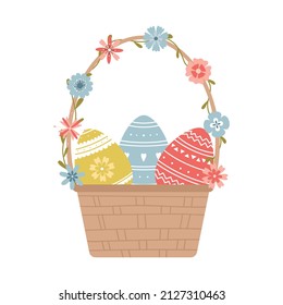 Easter eggs with a pattern in a wicker basket with flowers. Decorated eggs, a symbol of Easter. Decorative element for greeting cards. Color vector illustration isolated on a white background