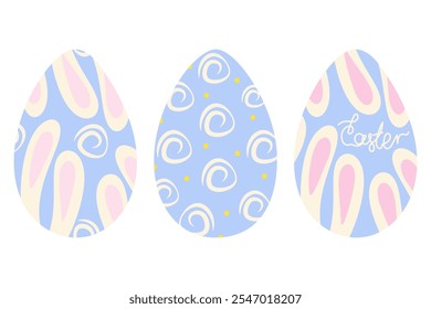 Easter eggs patterned hand drawn ornament, dots, lettering Easter and bunny ears. Set 3 design units