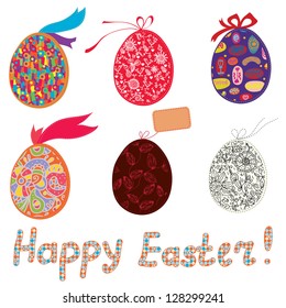 Easter eggs with patterns, bow and banner