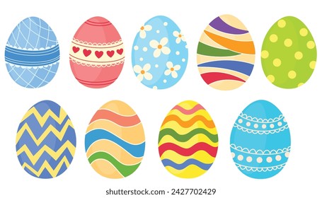 Easter Eggs with patterns. Design elements for holiday cards, poster, scrapbooking, stickers. Happy Easter collection with different texture. Cartoon flat style Vector illustration