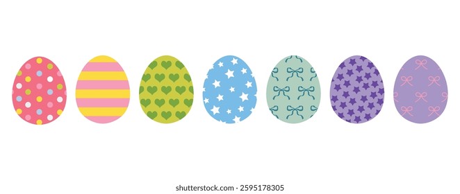 Easter eggs with patterns. Drawing clipart set. Happy easter eggs. Multicolored symbols for traditional celebration. Vector illustration, oval shape. Clouds, dots, stars, stripes, bows. Decoration art