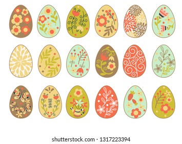 Easter eggs with patterns, flowers, leaves, butterflies. Doodle vector elements. 