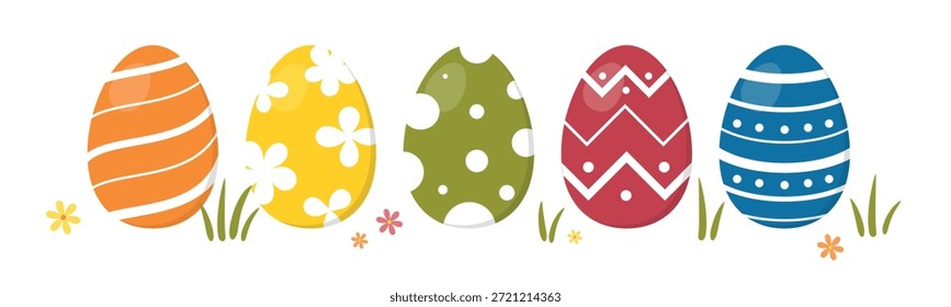  Easter eggs with patterns on the lawn. Colorful eggs, grass and flowers. Decorative element for greeting card, sale, decot, sticker, invitation.