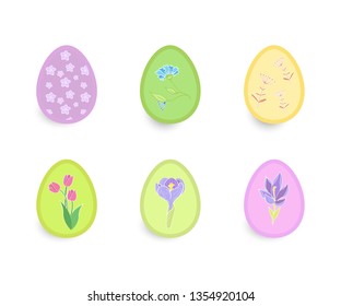 Easter eggs with patterns set vector illustration. bright and pastel colours,  floral patterns. Yellow, green, lilac, pink