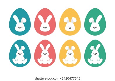 Easter eggs patterns and white rabbit, bunny. Cute colorful cartoon design for holidays decoration, greeting card, poster, banner.Vector illustration EPS.