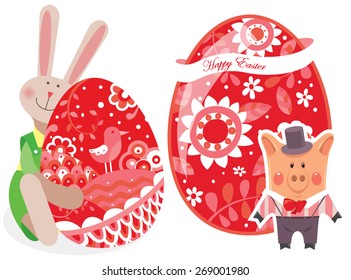 Easter eggs with pig and rabbit - illustrations for Easter greeting card