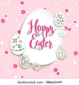 Easter eggs with pink background for design card, banner,ticket, leaflet and so on.Template page with handwritten inscription Happy Easter. Holiday card.