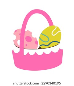 Easter eggs in pink basket flat icon. Vector illustration