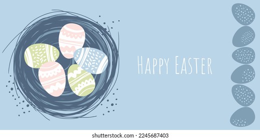 Easter. Easter eggs with pink, blue and green ornaments in the nest, lettering and blue speckled eggs. Vector illustration isolated on a light blue background. Postcard, invitation, poster, sticker.