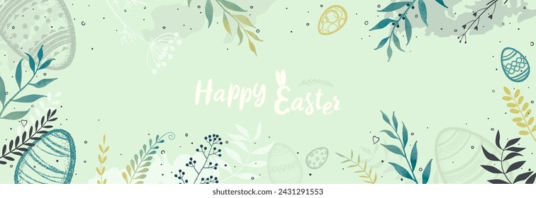 Easter eggs and plants on a light green background. Easter banner with plants and greetings for the holiday. Easter eggs are drawn in dots. Happy Easter. A shape for a greeting card or other.