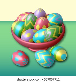 Easter eggs in a plate on colorful background. Vector, isometric, illustration for postcards and  your design