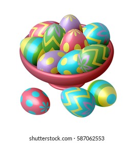 Easter eggs in a plate on white background. Vector, isometric, illustration for postcards and  your design