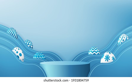 Easter eggs podium with 3d render vector in blue scene background. Easter day with geometry platform for product display. stand to show easter 3d products.  Stage showcase on pedestal display studio