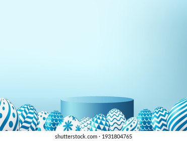 Easter eggs podium with 3d render vector in blue scene background. Easter day with geometry platform for product display. stand to show cosmetic products.  Stage showcase on pedestal display studio