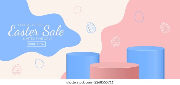 Easter eggs podium with 3d vector in blue and pink scene background. Easter day with geometry platform for product presentation. Stand to show cosmetic products. Stage showcase on pedestal