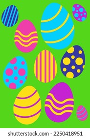Easter eggs, postcard, vector. Colored Easter eggs with patterns on a green background.