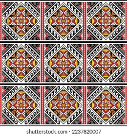 Easter eggs Pysanky vector seamless folk art from Ukraine - Hutsul traditional design in red, black and white with stars and geometric shapes. Retro Ukrainian hand craft decorations from Hutsulshchyna