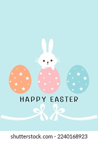 Easter eggs, rabbit bunny cartoon and hand written fonts on green mint background vector illustration.