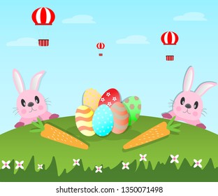 easter eggs and rabbit cartoon in park - vector