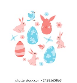 Easter eggs and rabbit circle composition isolated on white background. Bunny ears, birds with holiday elements round emblem. Vector flat illustration.